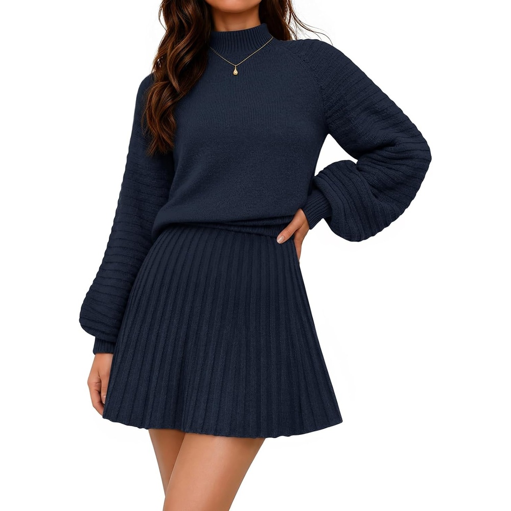 image:imageMEROKEETY Womens Fall 2 Piece Skirt Sets Sweater Outfits Mini Skirts Dress 2026 Mock Neck Long Lantern Ribbed Sleeve Knit Casual Pullover Tops Pleated Fashion Short Skirt Trendy Winter ClothingNavy