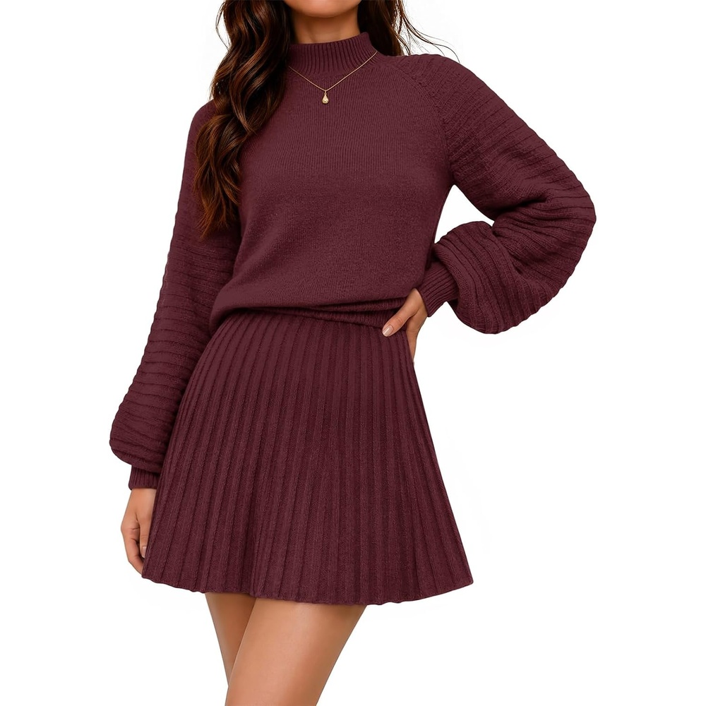 image:imageMEROKEETY Womens Fall 2 Piece Skirt Sets Sweater Outfits Mini Skirts Dress 2026 Mock Neck Long Lantern Ribbed Sleeve Knit Casual Pullover Tops Pleated Fashion Short Skirt Trendy Winter ClothingWine