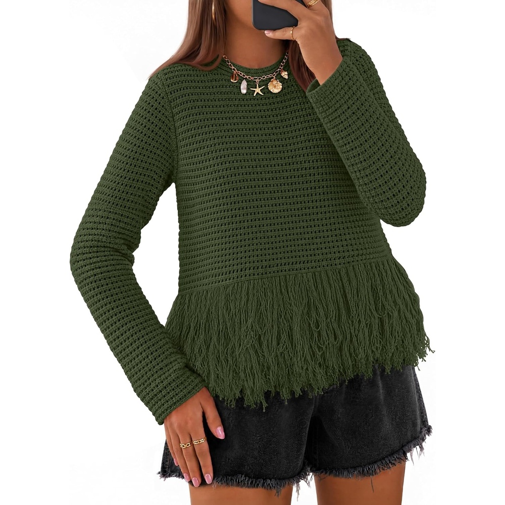 image:imageMEROKEETY Womens Fall Fashion Crochet Fringe Sweaters 2026 Fringe Tops for Women Trendy Boho Knit Long Sleeve Crew Neck Casual Pullover TopsArmy