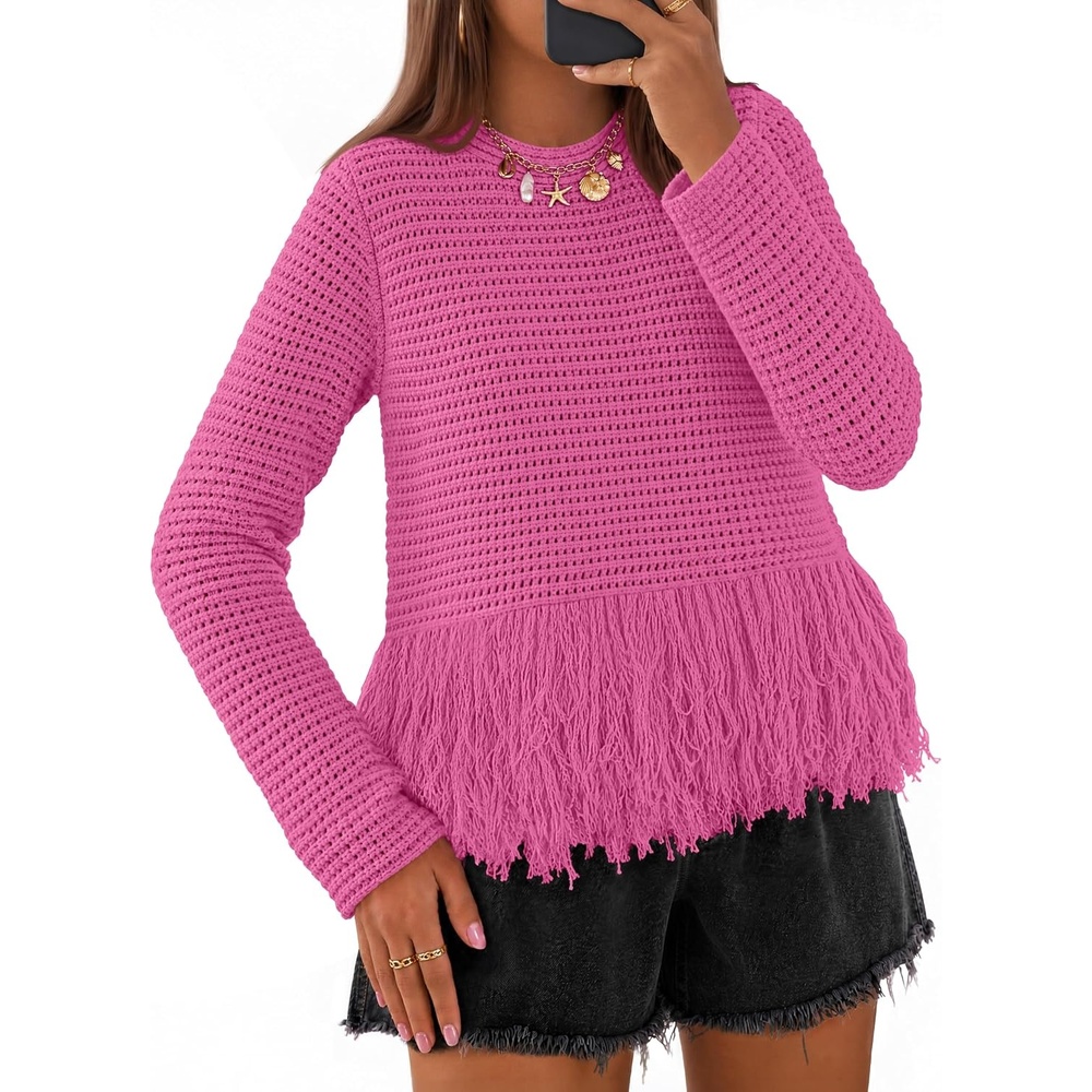image:imageMEROKEETY Womens Fall Fashion Crochet Fringe Sweaters 2026 Fringe Tops for Women Trendy Boho Knit Long Sleeve Crew Neck Casual Pullover TopsRose