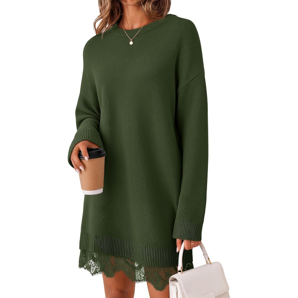 image:imageMEROKEETY Womens Fall Long Sleeve Lace Oversized Casual Knit Sweater Dress Patchwork Crew Neck Above Knee Length Twofer Pullover Ribbed Drop Shoulder Loose Fit Soft Cozy Winter Outfits 2026Army