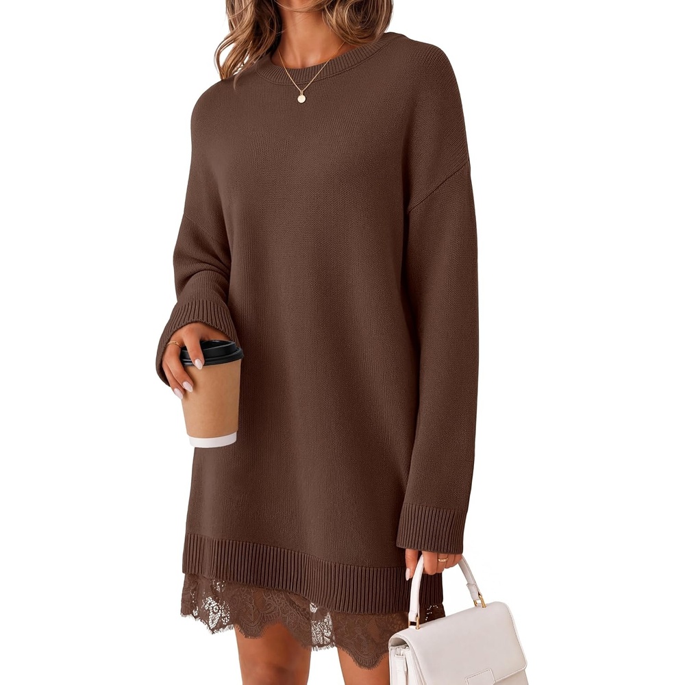 image:imageMEROKEETY Womens Fall Long Sleeve Lace Oversized Casual Knit Sweater Dress Patchwork Crew Neck Above Knee Length Twofer Pullover Ribbed Drop Shoulder Loose Fit Soft Cozy Winter Outfits 2026Coffee