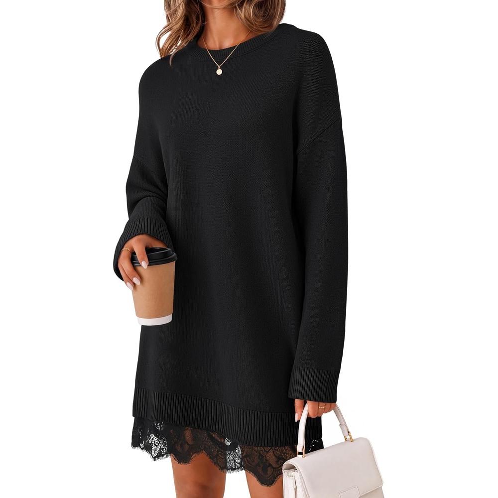 image:imageMEROKEETY Womens Fall Long Sleeve Lace Oversized Casual Knit Sweater Dress Patchwork Crew Neck Above Knee Length Twofer Pullover Ribbed Drop Shoulder Loose Fit Soft Cozy Winter Outfits 2026Black