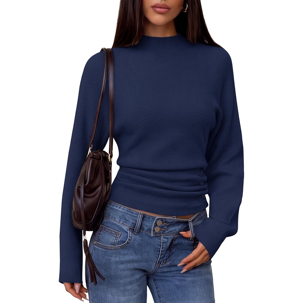 image:imageMEROKEETY Womens Fall Mock Neck Batwing Sleeve Sweater Cinched Waist Tops Dolman Sleeve Ribbed Knit Ruched Singleside Buttons Cozy Pullover Date Night Going Out Outfits Winter Fashion ClothesNavy
