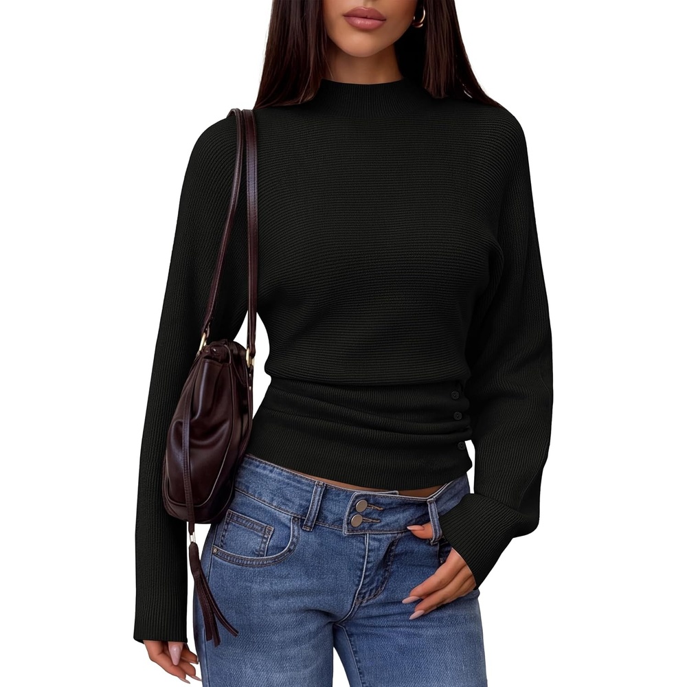 image:imageMEROKEETY Womens Fall Mock Neck Batwing Sleeve Sweater Cinched Waist Tops Dolman Sleeve Ribbed Knit Ruched Singleside Buttons Cozy Pullover Date Night Going Out Outfits Winter Fashion ClothesBlack