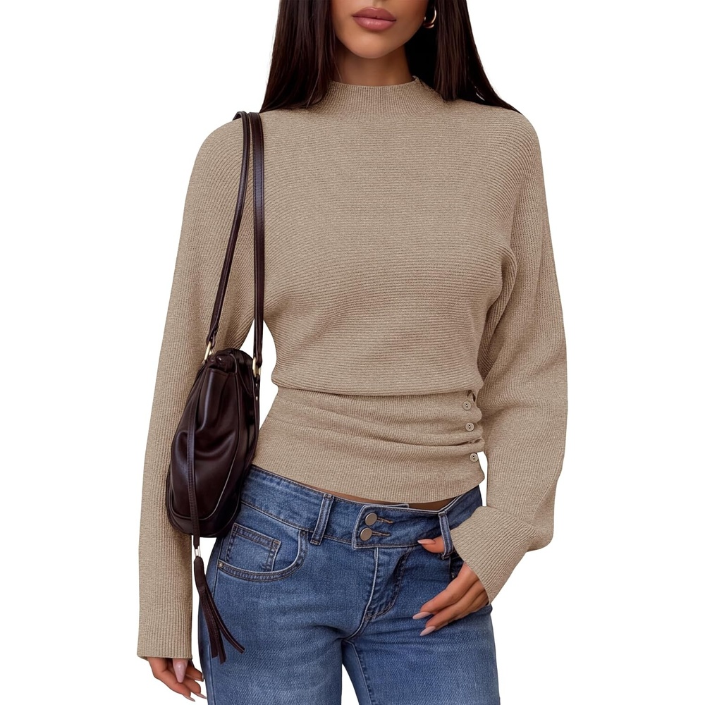 image:imageMEROKEETY Womens Fall Mock Neck Batwing Sleeve Sweater Cinched Waist Tops Dolman Sleeve Ribbed Knit Ruched Singleside Buttons Cozy Pullover Date Night Going Out Outfits Winter Fashion ClothesCamel