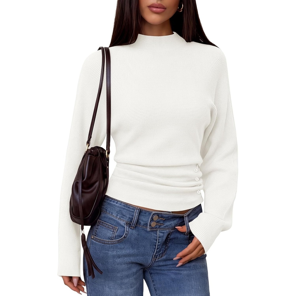 image:imageMEROKEETY Womens Fall Mock Neck Batwing Sleeve Sweater Cinched Waist Tops Dolman Sleeve Ribbed Knit Ruched Singleside Buttons Cozy Pullover Date Night Going Out Outfits Winter Fashion ClothesWhite