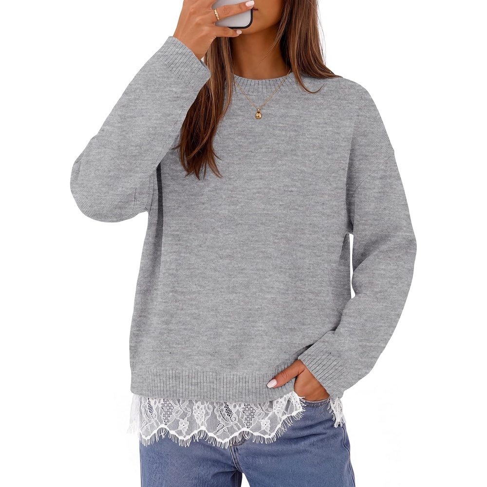 image:imageMEROKEETY Womens Fall Oversized Lace Sweaters 2026 Trendy  Long Sleeve Crew Neck Drop Shoulder Soft Knit Loose Casual  Cozy Cute Pullover Top Fall Fashion Outfits Winter ClothesGray