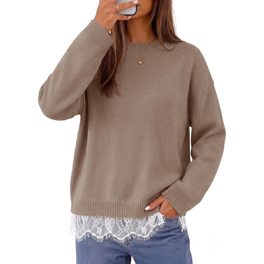 image:imageMEROKEETY Womens Fall Oversized Lace Sweaters 2026 Trendy  Long Sleeve Crew Neck Drop Shoulder Soft Knit Loose Casual  Cozy Cute Pullover Top Fall Fashion Outfits Winter ClothesKhaki