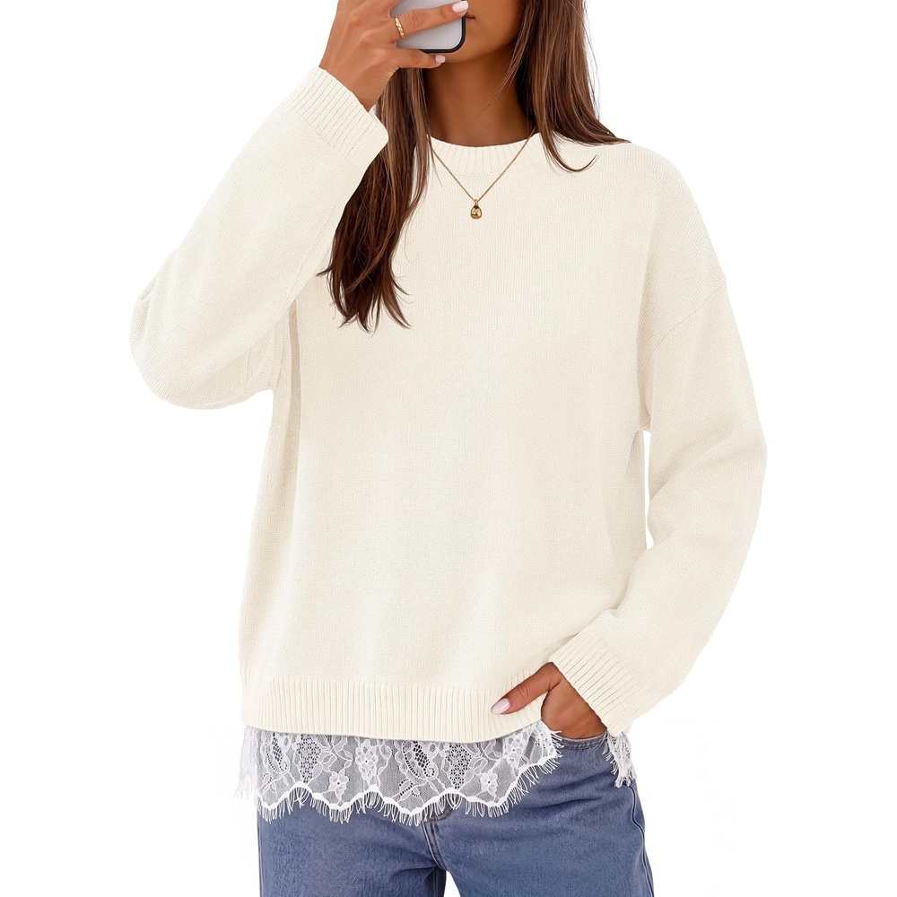 image:imageMEROKEETY Womens Fall Oversized Lace Sweaters 2026 Trendy Long Sleeve Crew Neck Drop Shoulder Soft Knit Loose Casual Cozy Cute Pullover Top Fall Fashion Outfits Winter ClothesWhite