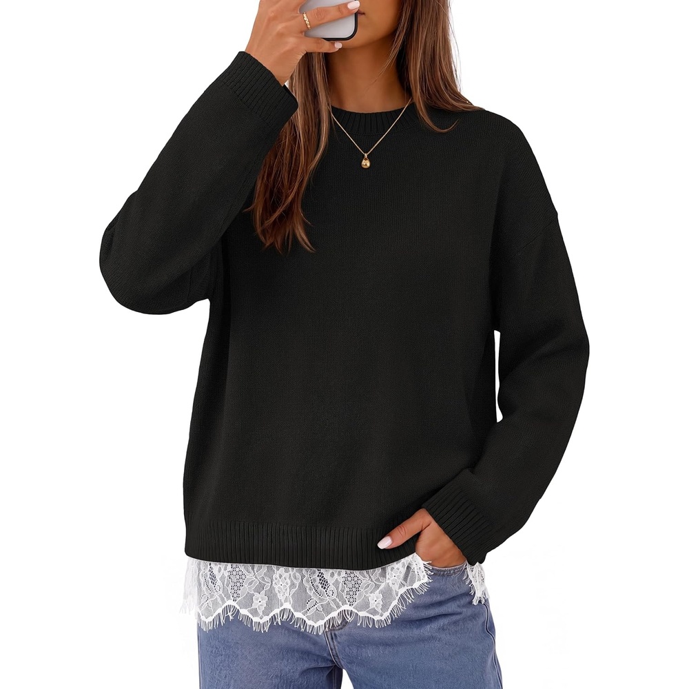 image:imageMEROKEETY Womens Fall Oversized Lace Sweaters 2026 Trendy Long Sleeve Crew Neck Drop Shoulder Soft Knit Loose Casual Cozy Cute Pullover Top Fall Fashion Outfits Winter ClothesBlack