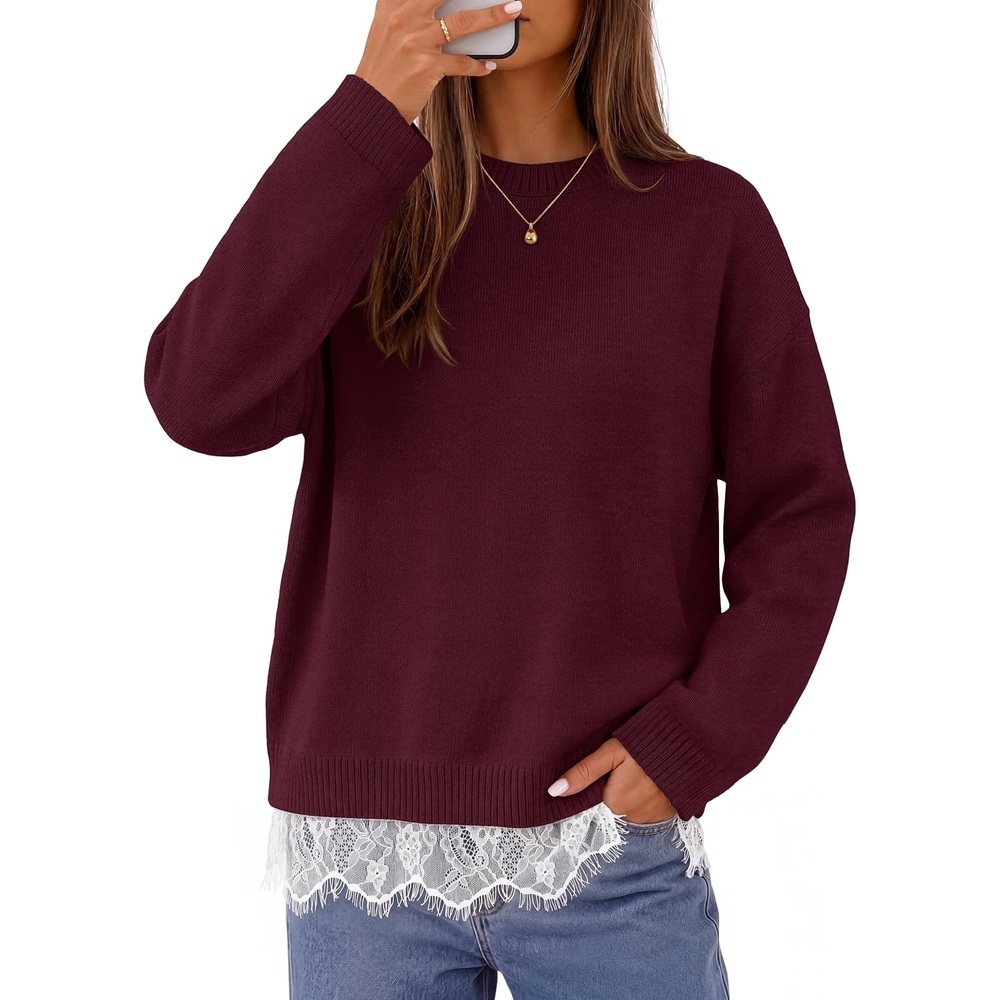 image:imageMEROKEETY Womens Fall Oversized Lace Sweaters 2026 Trendy  Long Sleeve Crew Neck Drop Shoulder Soft Knit Loose Casual  Cozy Cute Pullover Top Fall Fashion Outfits Winter ClothesBurgundy