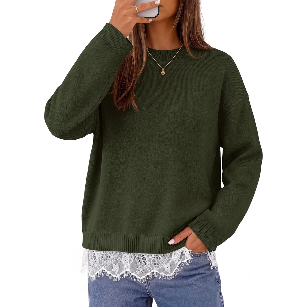 image:imageMEROKEETY Womens Fall Oversized Lace Sweaters 2026 Trendy Long Sleeve Crew Neck Drop Shoulder Soft Knit Loose Casual Cozy Cute Pullover Top Fall Fashion Outfits Winter ClothesArmy