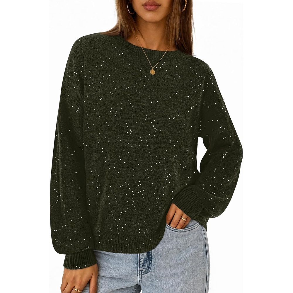 image:imageMEROKEETY Womens Fall Sequin Long Sleeve Pullover Sweaters Crew Neck Lantern Sleeve Oversized Casual Sparkly Drop Shoulder Ribbed Hem Solid Color Knit Winter ClothesOlive