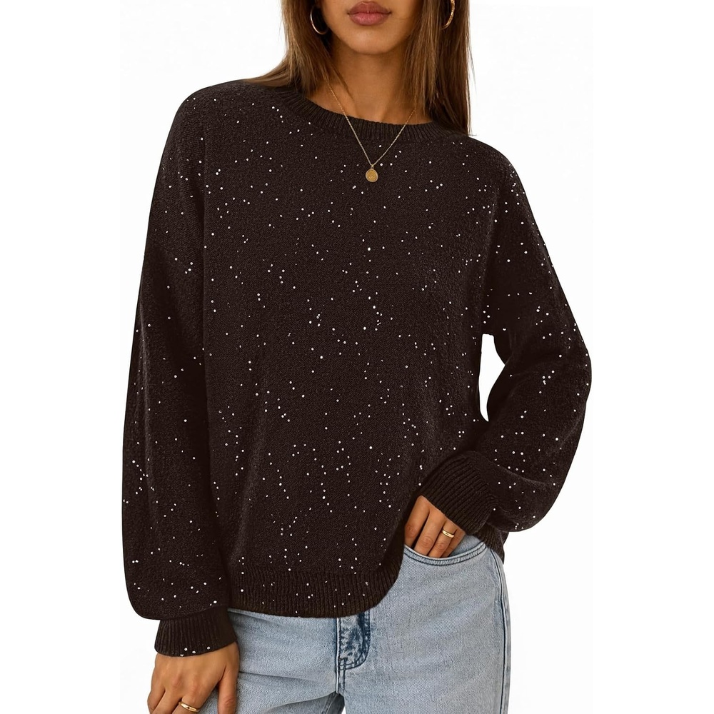 image:imageMEROKEETY Womens Fall Sequin Long Sleeve Pullover Sweaters Crew Neck Lantern Sleeve Oversized Casual Sparkly Drop Shoulder Ribbed Hem Solid Color Knit Winter ClothesCoffee