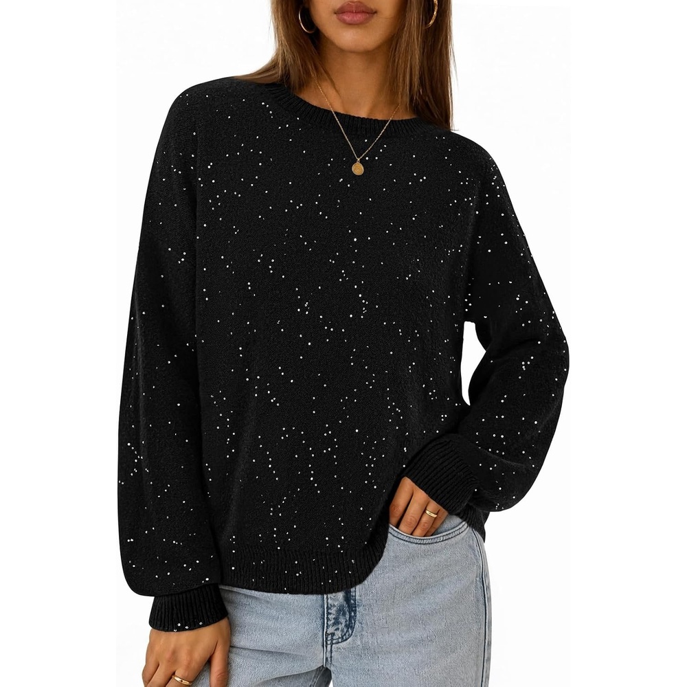 image:imageMEROKEETY Womens Fall Sequin Long Sleeve Pullover Sweaters Crew Neck Lantern Sleeve Oversized Casual Sparkly Drop Shoulder Ribbed Hem Solid Color Knit Winter ClothesBlack