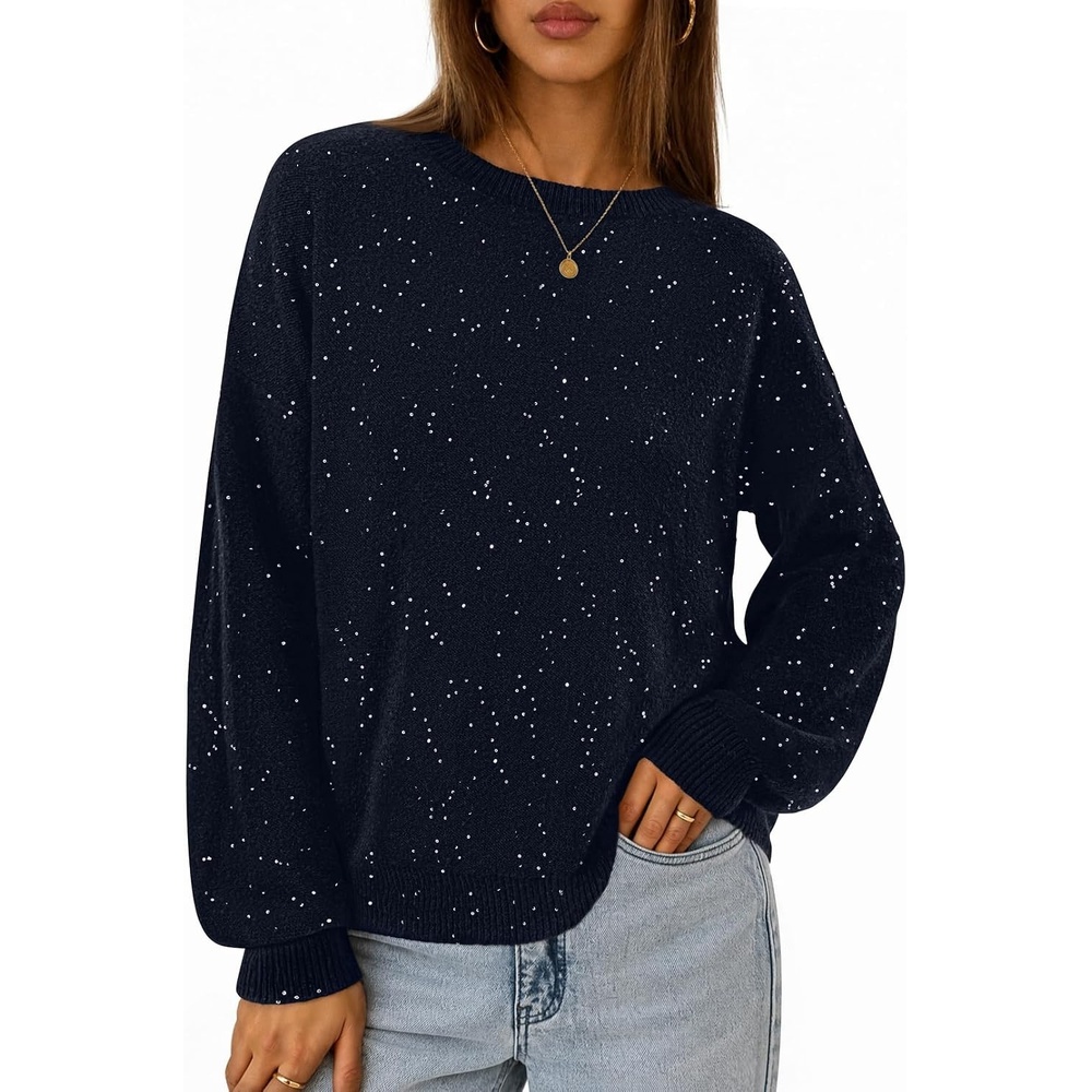 image:imageMEROKEETY Womens Fall Sequin Long Sleeve Pullover Sweaters Crew Neck Lantern Sleeve Oversized Casual Sparkly Drop Shoulder Ribbed Hem Solid Color Knit Winter ClothesNavy