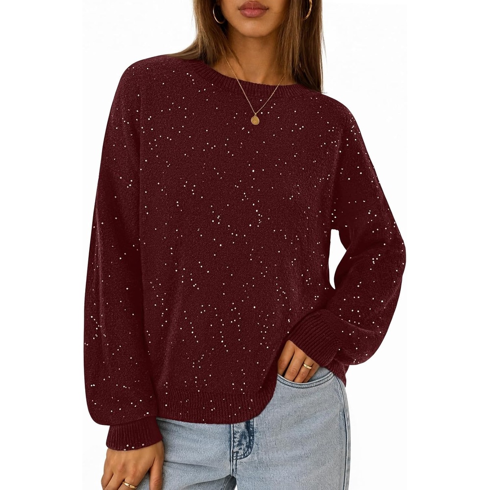 image:imageMEROKEETY Womens Fall Sequin Long Sleeve Pullover Sweaters Crew Neck Lantern Sleeve Oversized Casual Sparkly Drop Shoulder Ribbed Hem Solid Color Knit Winter ClothesWine