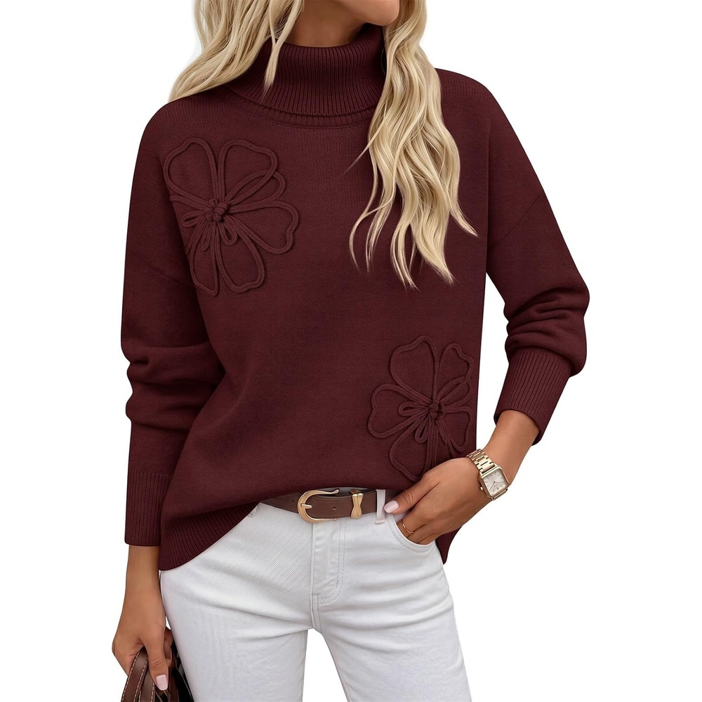image:imageMEROKEETY Womens Fall Turtleneck Cute Floral Pullover Sweater 2026 Cozy 3D Floral Appliqus Long Sleeves Ribbed Details Relaxed Solid Trendy Outfit Dressy Casual Top Winter ClothingWine