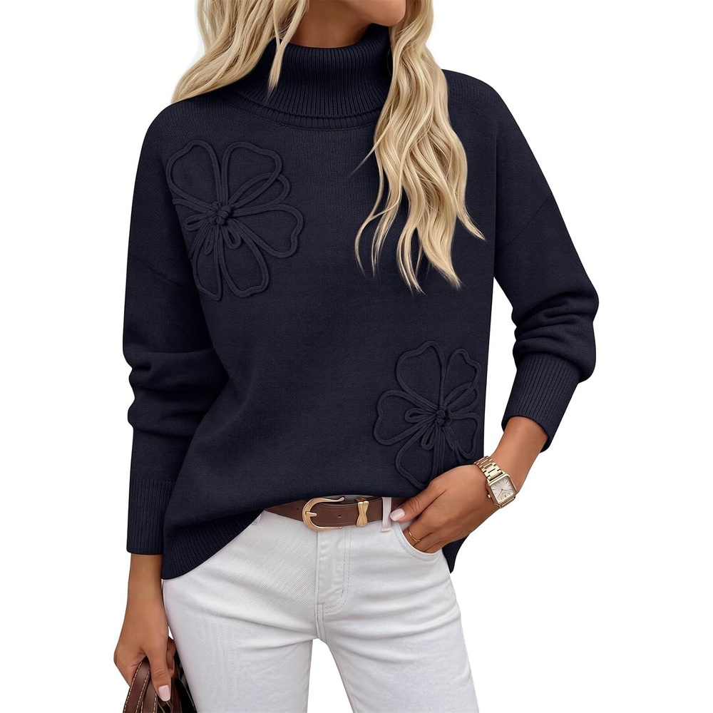 image:imageMEROKEETY Womens Fall Turtleneck Cute Floral Pullover Sweater 2026 Cozy 3D Floral Appliqus Long Sleeves Ribbed Details Relaxed Solid Trendy Outfit Dressy Casual Top Winter ClothingNavy