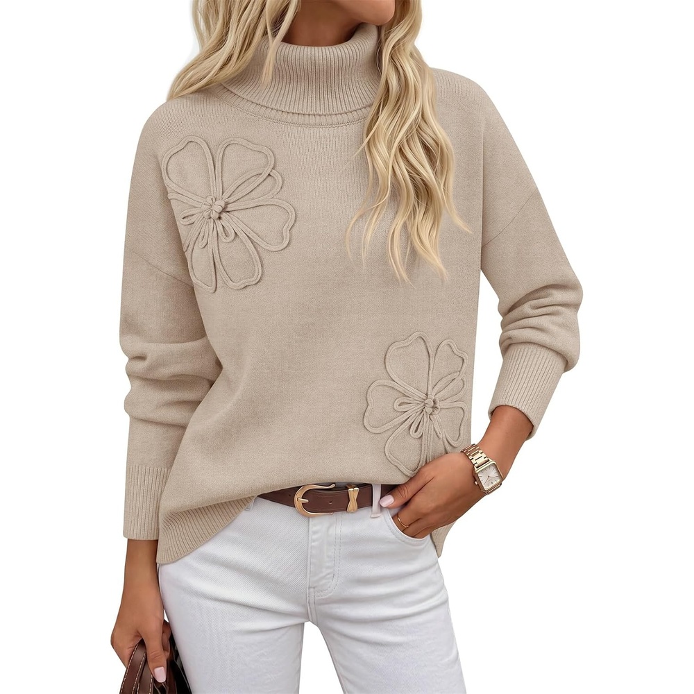 image:imageMEROKEETY Womens Fall Turtleneck Cute Floral Pullover Sweater 2026 Cozy 3D Floral Appliqus Long Sleeves Ribbed Details Relaxed Solid Trendy Outfit Dressy Casual Top Winter ClothingApricot