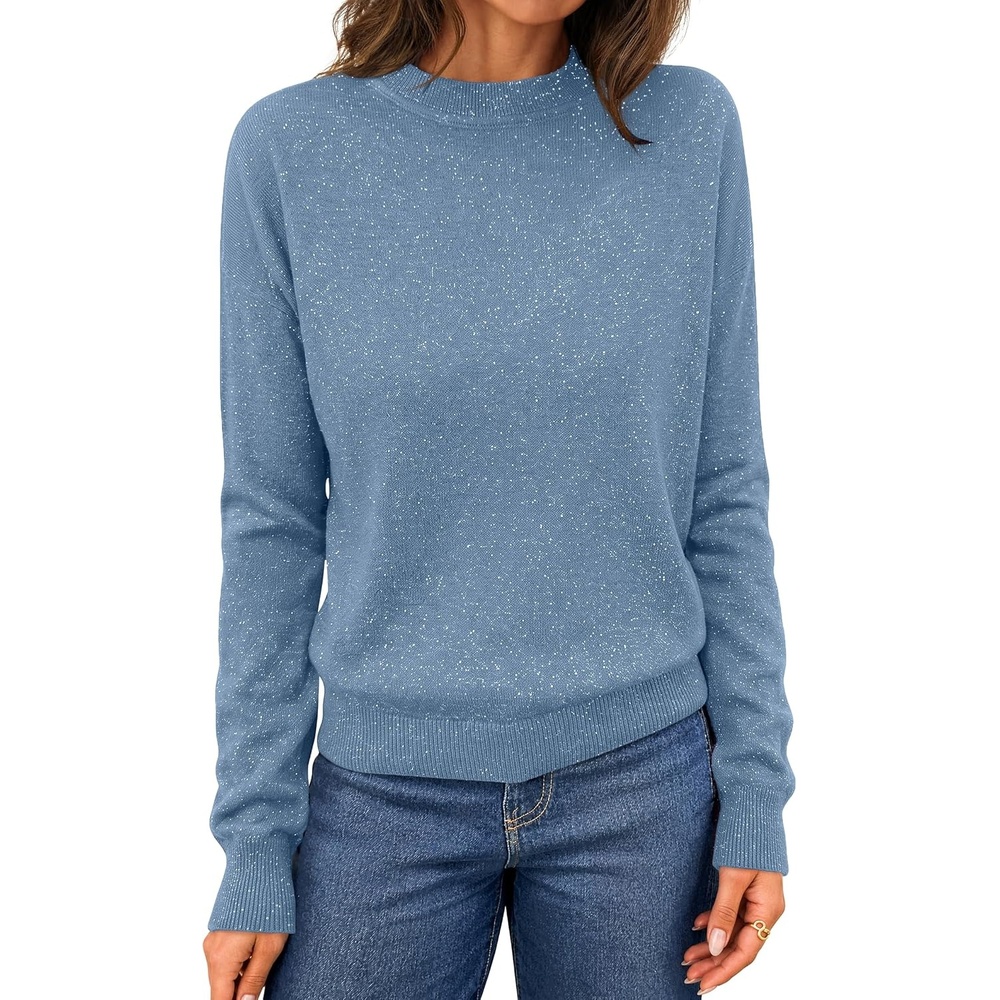 image:imageMEROKEETY Womens Long Sleeve Casual Crewneck Sweaters 2026 Ribbed Shimmery Lightweight Knit Ribbed Hem Solid Color Slim fit Pullover Flattering Jumper Tops Fall Fashion Layering Winter ClothingDusty Blue
