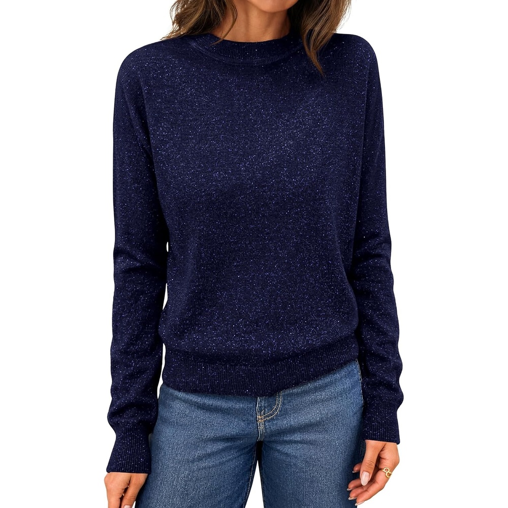 image:imageMEROKEETY Womens Long Sleeve Casual Crewneck Sweaters 2026 Ribbed Shimmery Lightweight Knit Ribbed Hem Solid Color Slim fit Pullover Flattering Jumper Tops Fall Fashion Layering Winter ClothingNavy