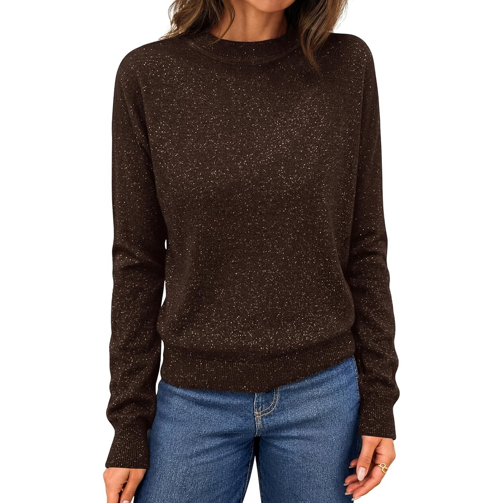 image:imageMEROKEETY Womens Long Sleeve Casual Crewneck Sweaters 2026 Ribbed Shimmery Lightweight Knit Ribbed Hem Solid Color Slim fit Pullover Flattering Jumper Tops Fall Fashion Layering Winter ClothingCoffee