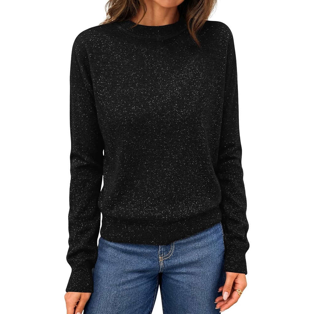 image:imageMEROKEETY Womens Long Sleeve Casual Crewneck Sweaters 2026 Ribbed Shimmery Lightweight Knit Ribbed Hem Solid Color Slim fit Pullover Flattering Jumper Tops Fall Fashion Layering Winter ClothingBlack