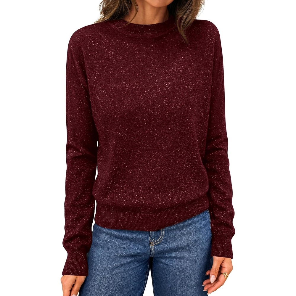 image:imageMEROKEETY Womens Long Sleeve Casual Crewneck Sweaters 2026 Ribbed Shimmery Lightweight Knit Ribbed Hem Solid Color Slim fit Pullover Flattering Jumper Tops Fall Fashion Layering Winter ClothingBurgundy