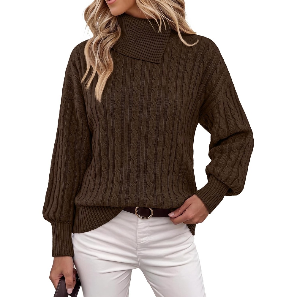 image:imageMEROKEETY Womens Turtleneck Long Sleeve Fall Winter Cable Knit Sweater 2026 Trendy Pullover Tops Chunky Ribbed Knit Oversized Loose Fit Business Casual Work Office Going Out Travel OutfitsCoffee