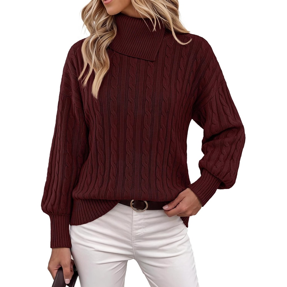 image:imageMEROKEETY Womens Turtleneck Long Sleeve Fall Winter Cable Knit Sweater  2026 Trendy Pullover Tops Chunky Ribbed Knit Oversized Loose Fit Business Casual Work Office Going Out Travel OutfitsWine