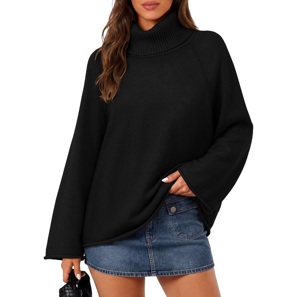 image:imageMEROKEETY Womens Turtleneck Long Sleeve Fall Winter Chunky Knit Sweater  Ribbed Knit Oversized Loose Fit 2026 Trendy Pullover Tops Business Casual Work Office Dressy Going Out Travel OutfitsBlack