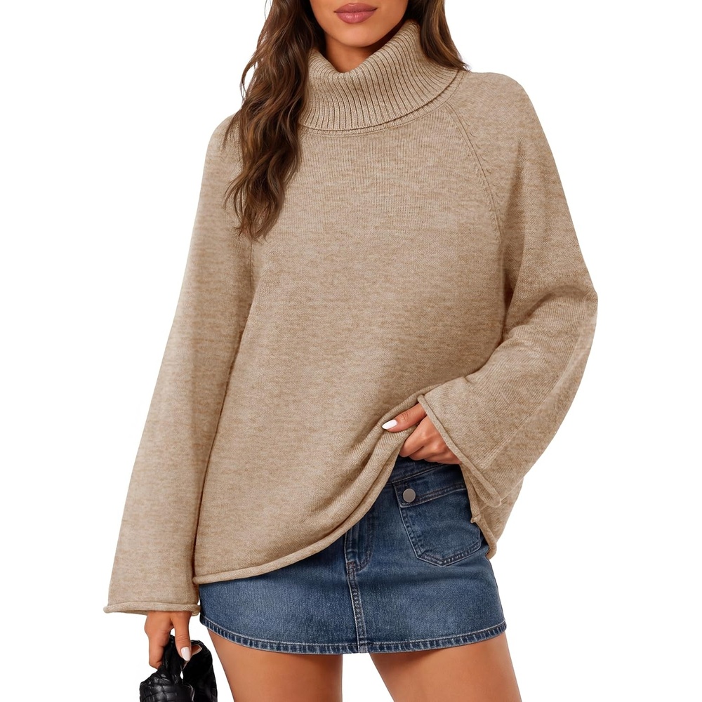 image:imageMEROKEETY Womens Turtleneck Long Sleeve Fall Winter Chunky Knit Sweater Ribbed Knit Oversized Loose Fit 2026 Trendy Pullover Tops Business Casual Work Office Dressy Going Out Travel OutfitsOatmeal