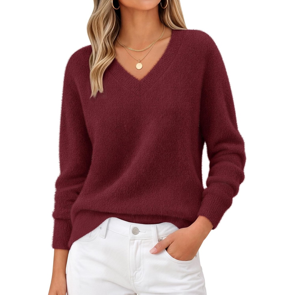 image:imageMEROKEETY Womens V Neck Fuzzy Fall Long Sleeve Cozy Soft Sweater Pullover 2026 Fashion Slouchy Furry Knit Tops Classic Loose Fit Daliy Casual Wear Comfy Warm Winter OutfitsWine