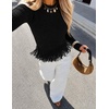 MEROKEETY Women’s Fall Fashion Crochet Fringe Sweaters | 2026 Fringe Tops for Women, Trendy Boho Knit, Long Sleeve, Crew Neck, Casual Pullover Tops(Black)