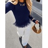 MEROKEETY Women’s Fall Fashion Crochet Fringe Sweaters | 2026 Fringe Tops for Women, Trendy Boho Knit, Long Sleeve, Crew Neck, Casual Pullover Tops(Navy)