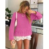 MEROKEETY Women’s Fall Fashion Crochet Fringe Sweaters | 2026 Fringe Tops for Women, Trendy Boho Knit, Long Sleeve, Crew Neck, Casual Pullover Tops(Rose)