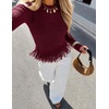 MEROKEETY Women’s Fall Fashion Crochet Fringe Sweaters | 2026 Fringe Tops for Women, Trendy Boho Knit, Long Sleeve, Crew Neck, Casual Pullover Tops(Wine)