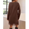 MEROKEETY Women’s Fall Long Sleeve Lace Oversized Casual Knit Sweater Dress | Patchwork, Crew Neck, Above Knee Length, Twofer Pullover, Ribbed, Drop Shoulder, Loose Fit, Soft, Cozy Winter Outfits 2026(Coffee)