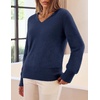 MEROKEETY Women’s V Neck Fuzzy Fall Long Sleeve Cozy Soft Sweater Pullover | 2026 Fashion, Slouchy Furry Knit Tops, Classic Loose Fit, Daliy Casual Wear, Comfy Warm Winter Outfits(Navy)