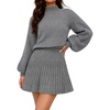 MEROKEETY Womens Fall 2 Piece Skirt Sets Sweater Outfits Mini Skirts Dress | 2026, Mock Neck, Long Lantern Ribbed Sleeve, Knit, Casual Pullover Tops, Pleated, Fashion Short Skirt, Trendy Winter Clothing(Grey)