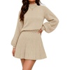 MEROKEETY Womens Fall 2 Piece Skirt Sets Sweater Outfits Mini Skirts Dress | 2026, Mock Neck, Long Lantern Ribbed Sleeve, Knit, Casual Pullover Tops, Pleated, Fashion Short Skirt, Trendy Winter Clothing(Apricot)