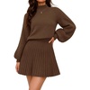 MEROKEETY Womens Fall 2 Piece Skirt Sets Sweater Outfits Mini Skirts Dress | 2026, Mock Neck, Long Lantern Ribbed Sleeve, Knit, Casual Pullover Tops, Pleated, Fashion Short Skirt, Trendy Winter Clothing(Brown)