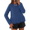MEROKEETY Women’s Fall Fashion Crochet Fringe Sweaters | 2026 Fringe Tops for Women, Trendy Boho Knit, Long Sleeve, Crew Neck, Casual Pullover Tops(Blue)