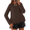 MEROKEETY Women’s Fall Fashion Crochet Fringe Sweaters | 2026 Fringe Tops for Women, Trendy Boho Knit, Long Sleeve, Crew Neck, Casual Pullover Tops(Coffee)