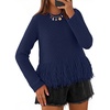 MEROKEETY Women’s Fall Fashion Crochet Fringe Sweaters | 2026 Fringe Tops for Women, Trendy Boho Knit, Long Sleeve, Crew Neck, Casual Pullover Tops(Navy)