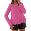 MEROKEETY Women’s Fall Fashion Crochet Fringe Sweaters | 2026 Fringe Tops for Women, Trendy Boho Knit, Long Sleeve, Crew Neck, Casual Pullover Tops(Rose)