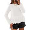 MEROKEETY Women’s Fall Fashion Crochet Fringe Sweaters | 2026 Fringe Tops for Women, Trendy Boho Knit, Long Sleeve, Crew Neck, Casual Pullover Tops(White)