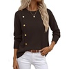 MEROKEETY Women’s Fall Long Sleeve Button Casual Pullover Sweater | Crew Neck, Ribbed Knit, Decorative Gold Buttons, Relaxed Fit, Solid Color, Business Casual, Work, 2026 Winter Outfits(Coffee)